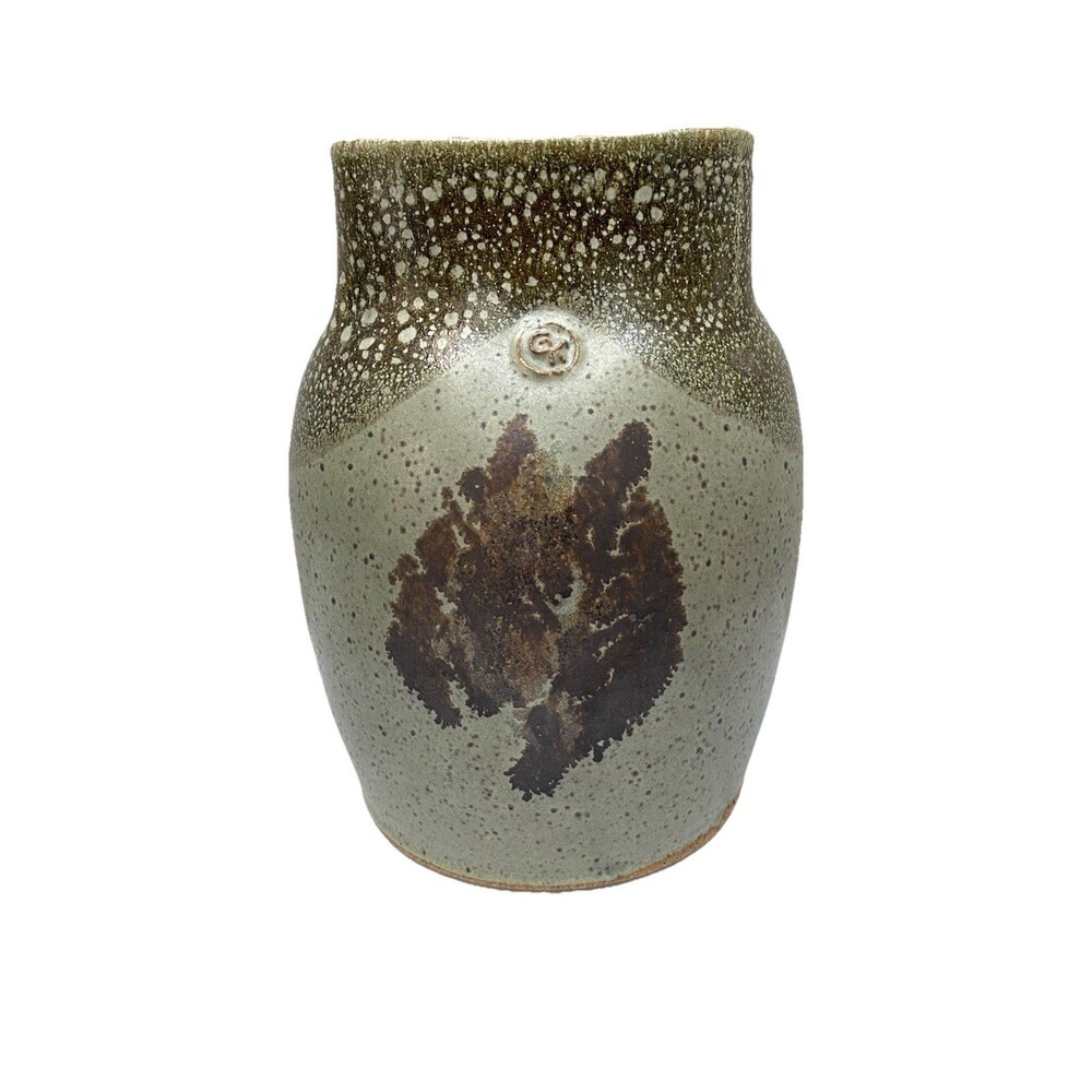 Art Pottery Artist Signed Studio Abstract Mottled Green Brown Bud Vase - Picture 7 of 7